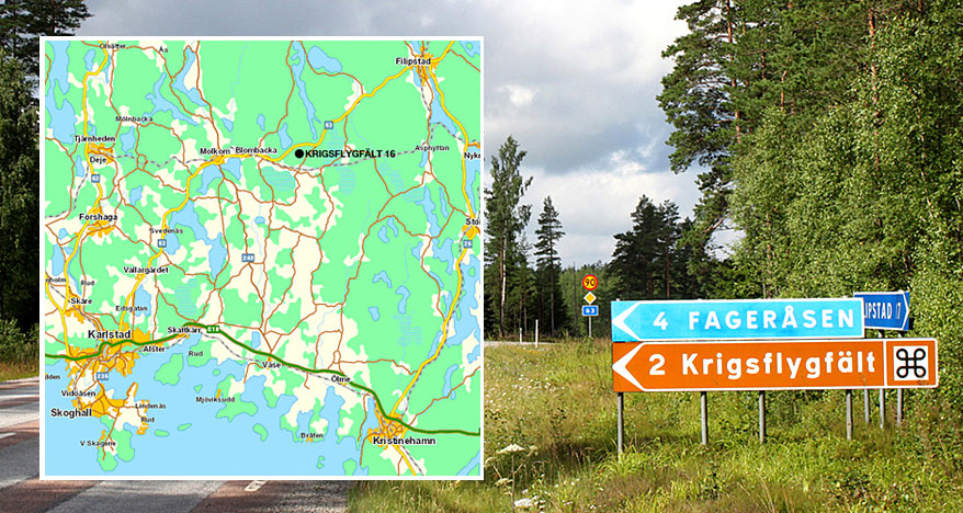 Vägvisningsskylt till kulturreservat Krigsflygfält 16 vid väg 63. Foto © Stiftelsen Krigsflygfält 16 Vägvisningsskylt till kulturreservat Krigsflygfält 16 vid väg 63. Foto © Stiftelsen Krigsflygfält 16