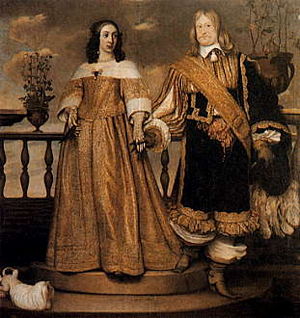 Prinsessan Maria Eufrosyne av Sverige med maken Magnus Gabriel De la Gardie – hennes högre börd markeras genom att maken står ett halvt trappsteg ned (målning: Hendrik Münnichhoven 1653). Prinsessan Maria Eufrosyne av Sverige med maken Magnus Gabriel De la Gardie – hennes högre börd markeras genom att maken står ett halvt trappsteg ned (målning: Hendrik Münnichhoven 1653).