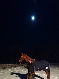 Lars promenerar i månskenet med Rossi som behöver gå ur resan ur benen. Lars promenerar i månskenet med Rossi som behöver gå ur resan ur benen.